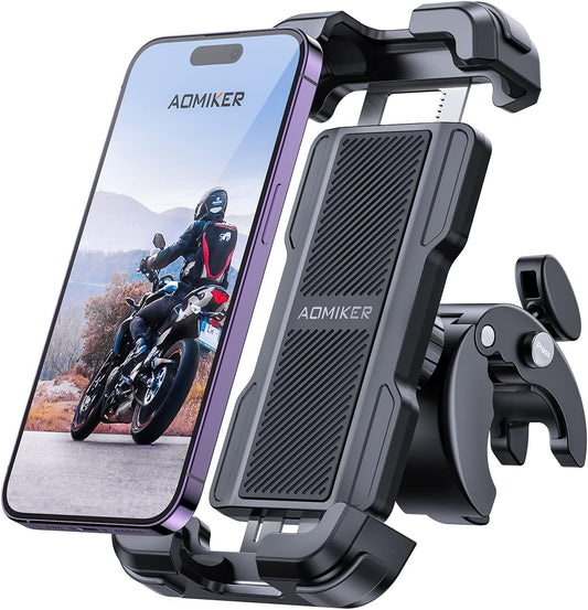 Aomiker バイク用 スマホホルダー スタンド 黒/360度回転/振動吸収/対応サイズ 4.7〜6.8インチ(iPhone・Android対応) バイク・オートバイ・原付・自転車でのスマートフォン固定・ナビ使用・走行中操作補助